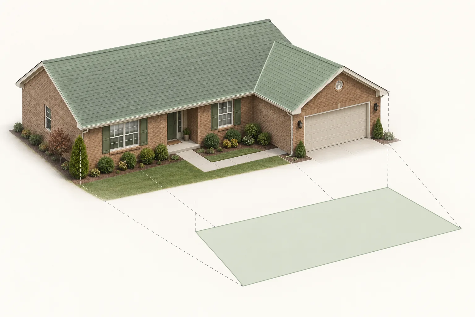 Illustrative ranch house roof with its sloped surfaces highlighted above a separate flat footprint shape