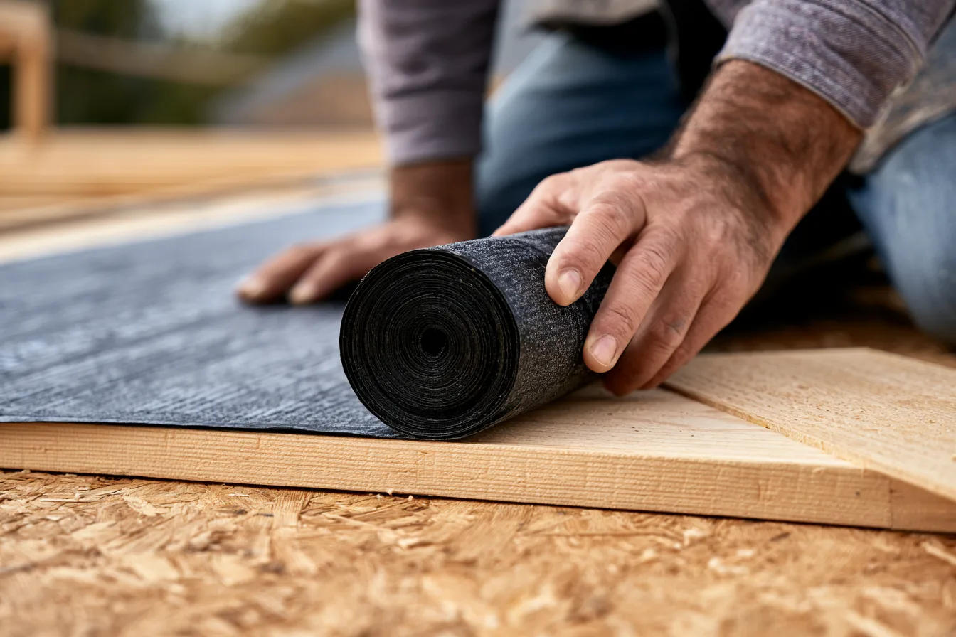 Hands unrolling dark roofing underlayment over a wood surface