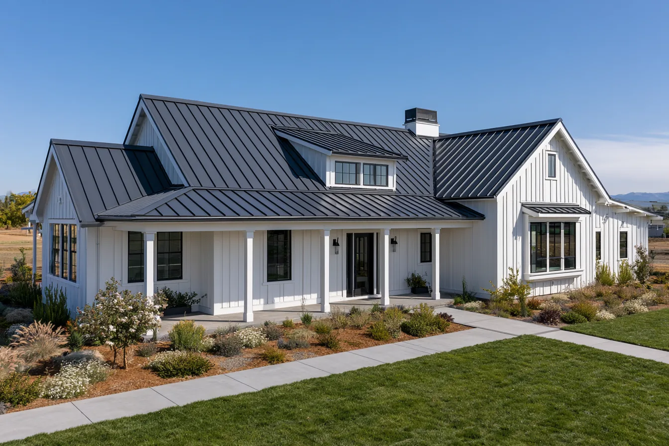 White farmhouse with a charcoal standing seam metal roof